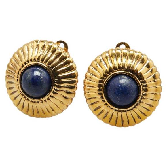 Chanel Round Stone Earrings Gold Navy Plated Women's CHANEL